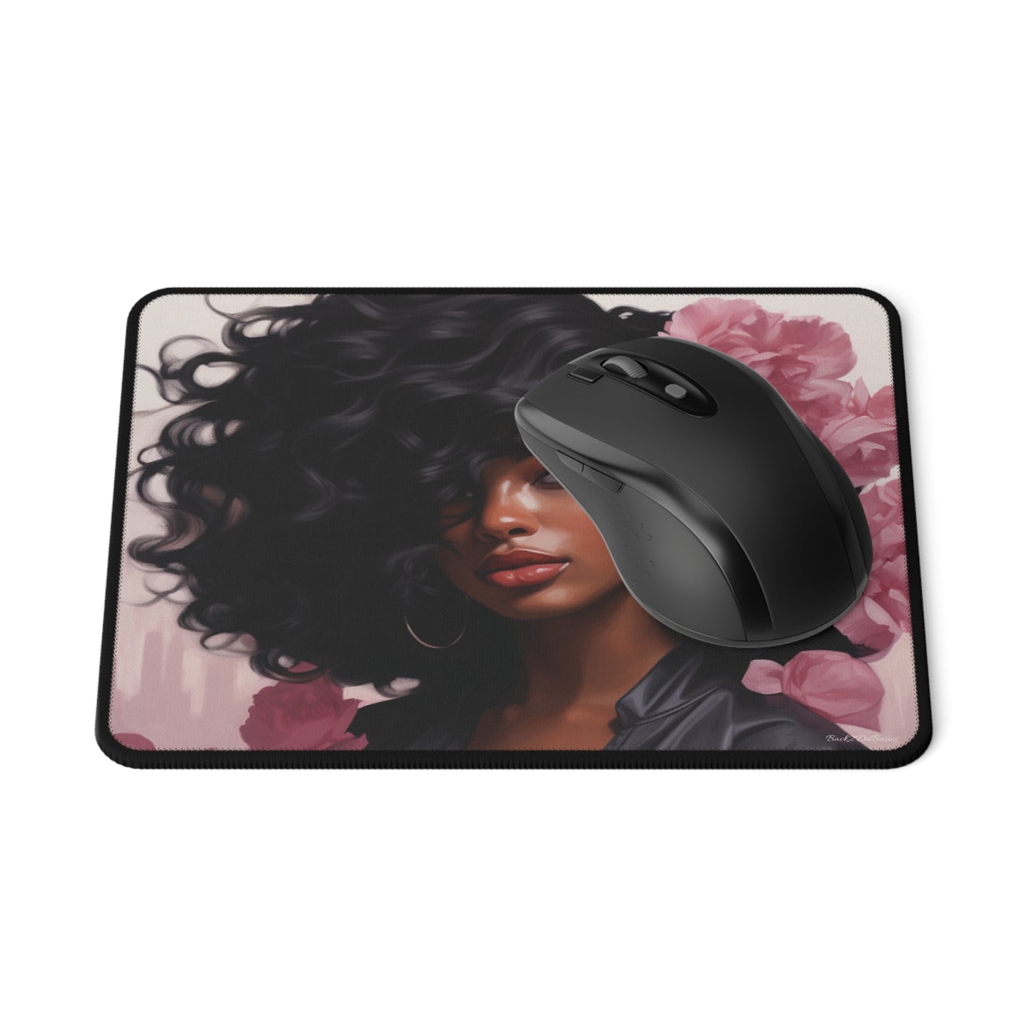 Beautiful Black Woman With Pink Flowers Mouse Pad - #2