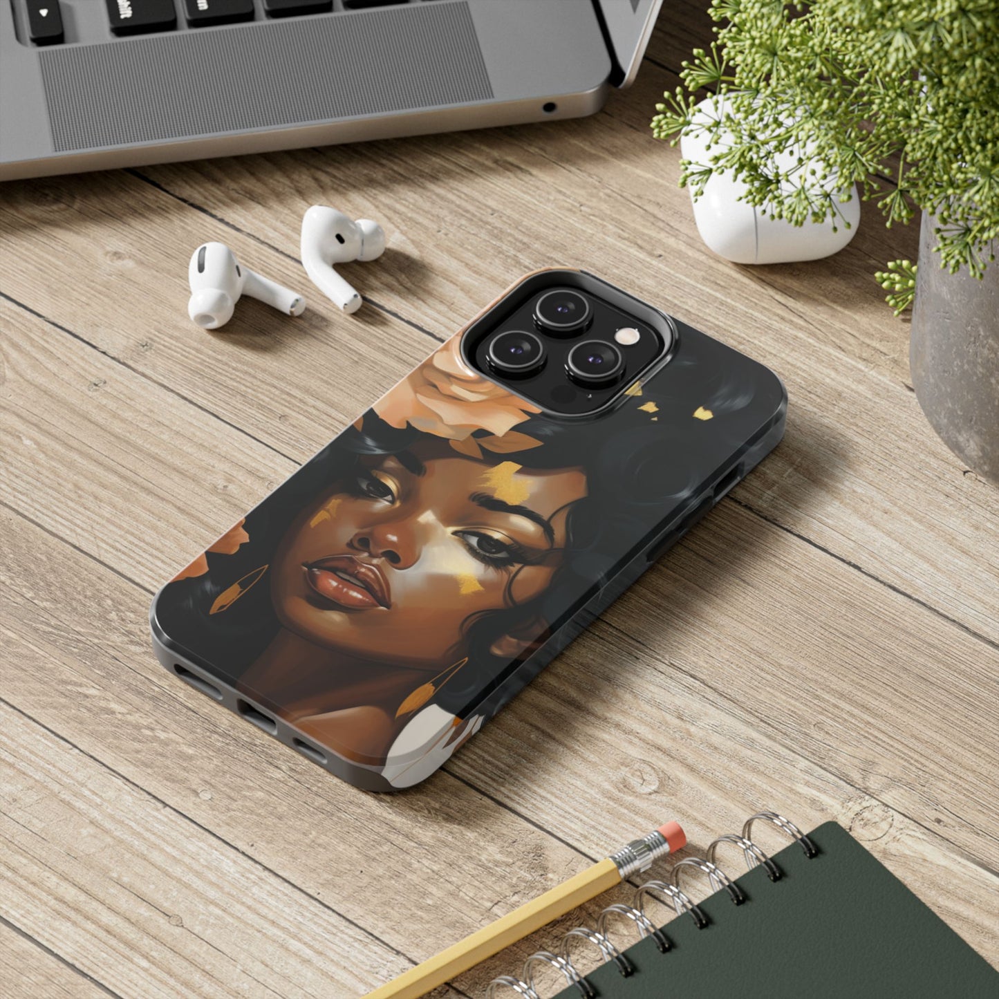 Beautiful Black Woman With Gold Flowers Tough Phone Case