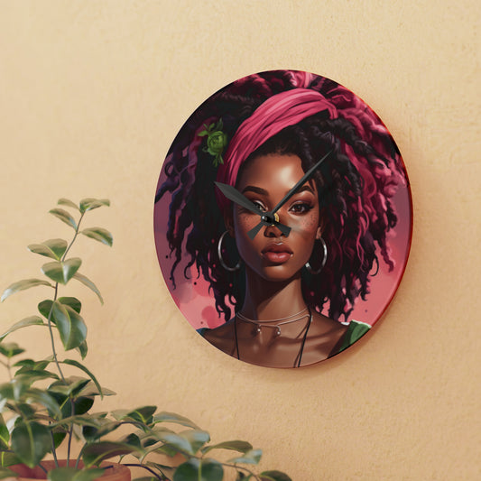 Pretty In Pink Black Woman With Locs Acrylic Wall Clock