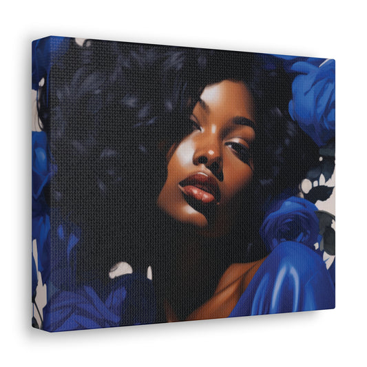 Beautiful Black Woman With Blue Flowers Canvas Wrap