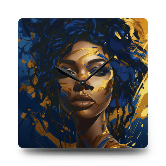 Stunning in Blue and Gold Black Woman Acrylic Wall Clock