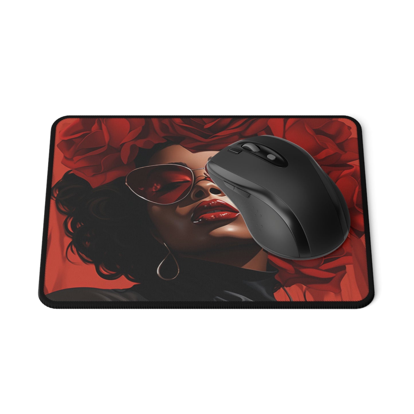 Beautiful Black Woman With Red Flowers Mouse Pad