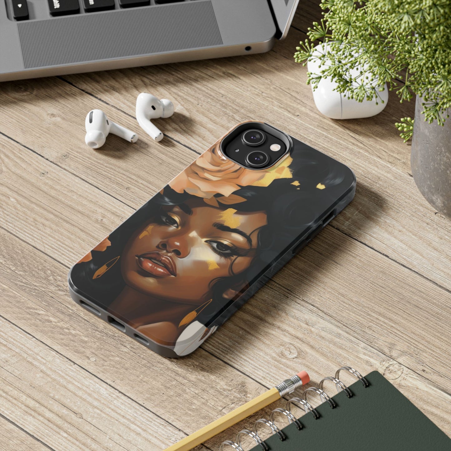 Beautiful Black Woman With Gold Flowers Tough Phone Case