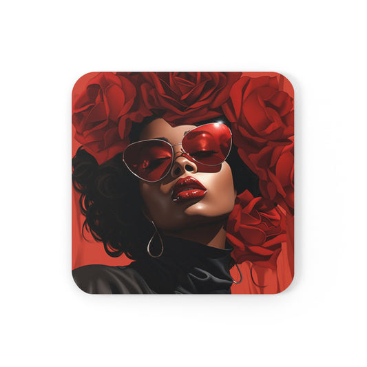 Beautiful Black Woman With Red Flowers Corkwood Coaster Set of 4