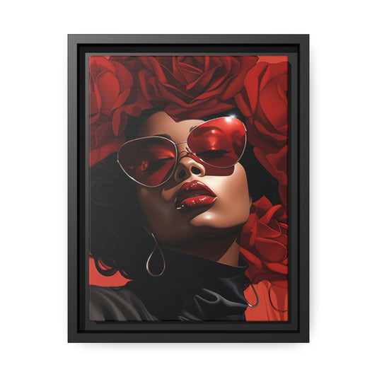 Beautiful Black Woman With Red Flowers Canvas With Black Frame