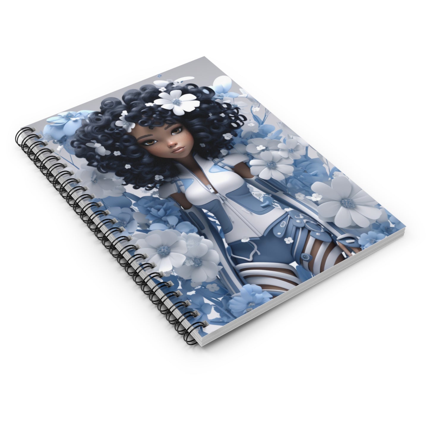 Black Fairy Girl With Blue Flowers Spiral Notebook (Ruled Line)