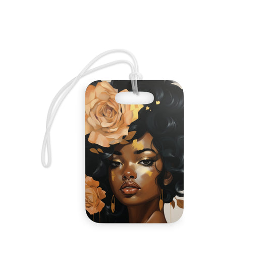 Beautiful Black Woman With Gold Flowers Luggage Tag - #1