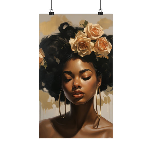 Beautiful Black Woman With Gold Flowers - Vertical Poster - #4