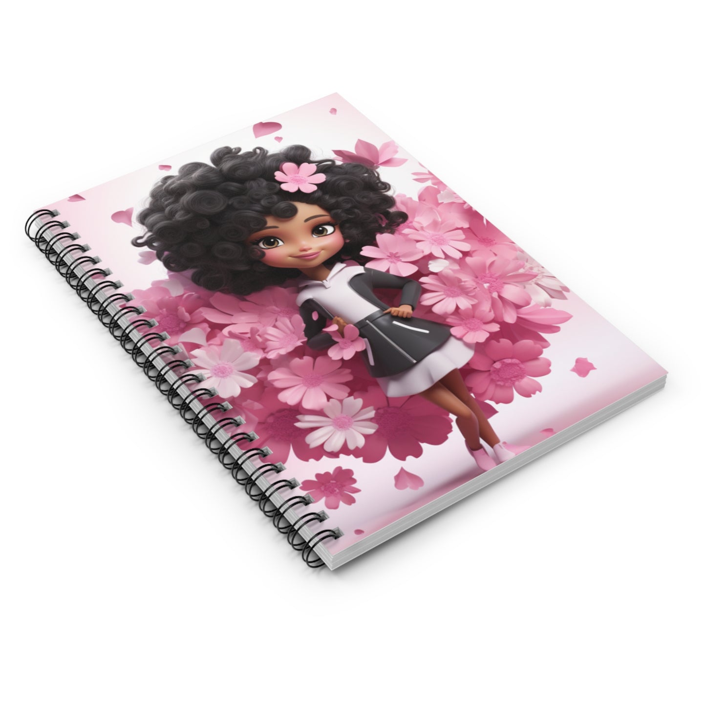 Black Fairy Girl With Pink Flowers Spiral Notebook (Ruled Line)