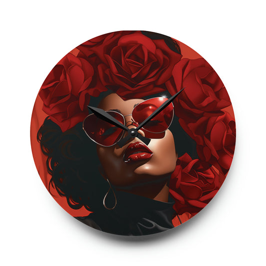 Beautiful Black Woman With Red Flowers Acrylic Wall Clock