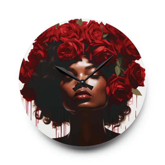 Beautiful Black Woman With Red Flowers Acrylic Wall Clock