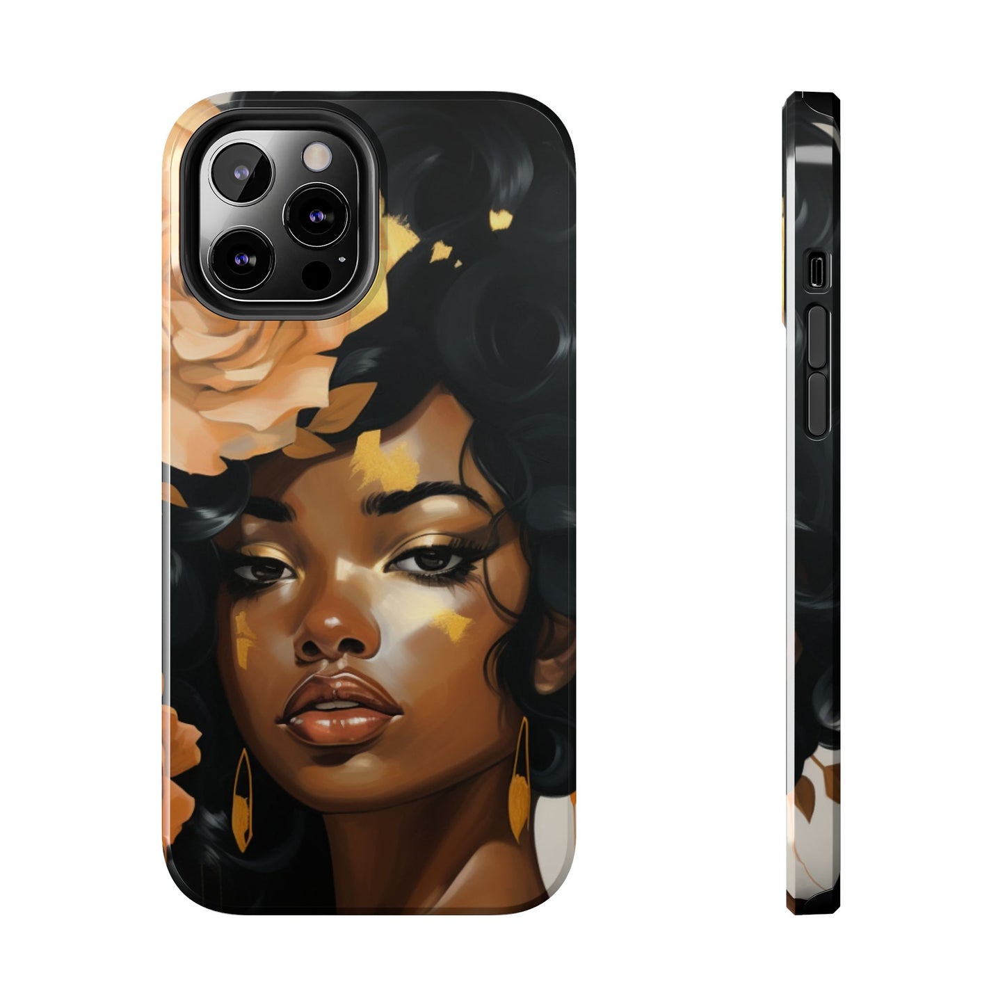 Beautiful Black Woman With Gold Flowers Tough Phone Case