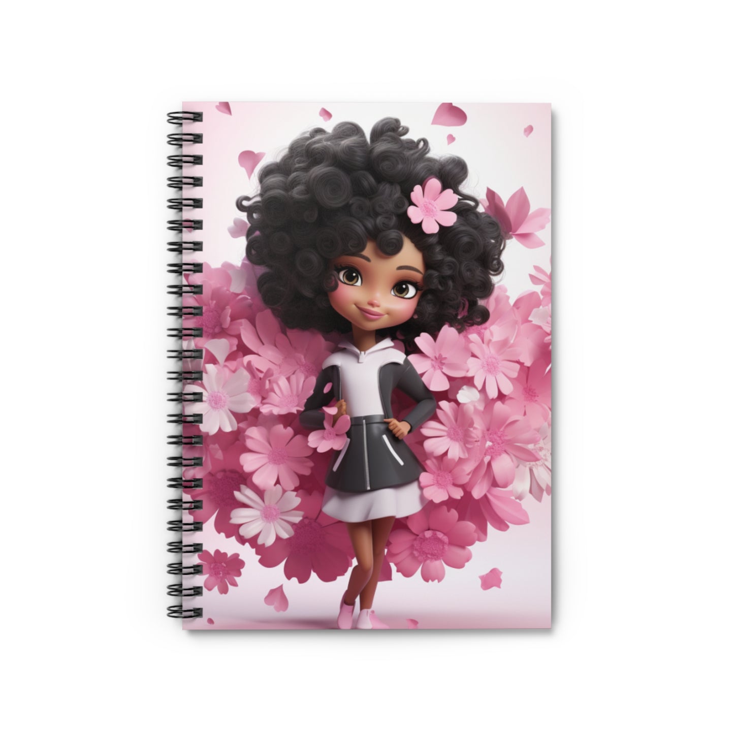 Black Fairy Girl With Pink Flowers Spiral Notebook (Ruled Line)