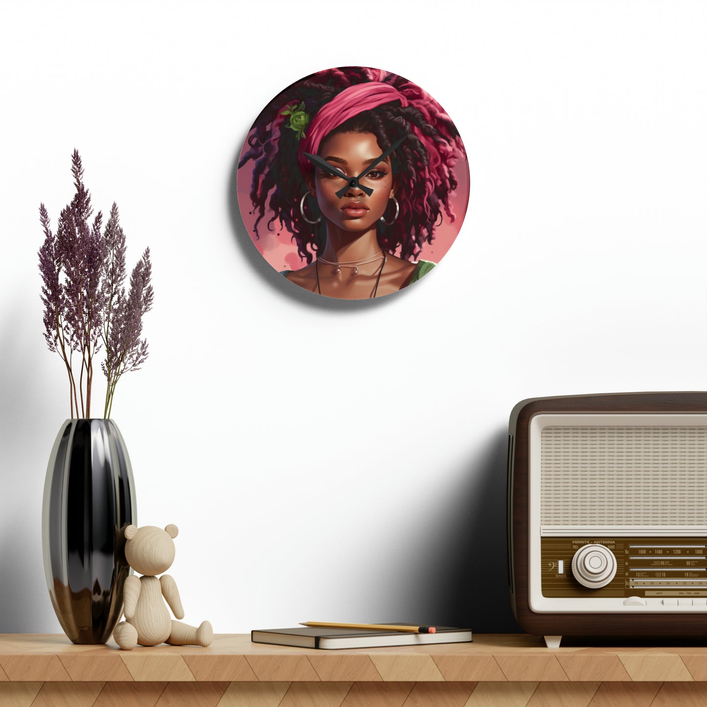 Pretty In Pink Black Woman With Locs Acrylic Wall Clock