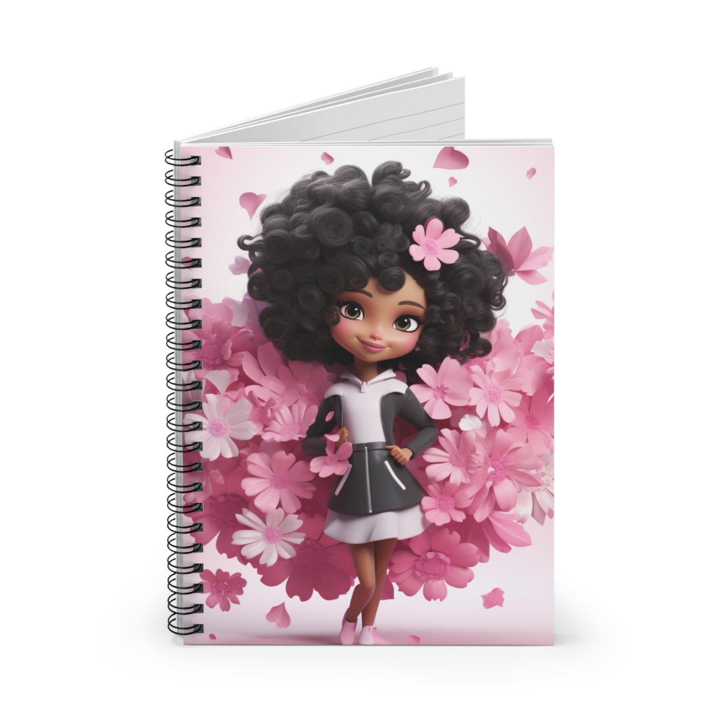 Black Fairy Girl With Pink Flowers Spiral Notebook (Ruled Line)