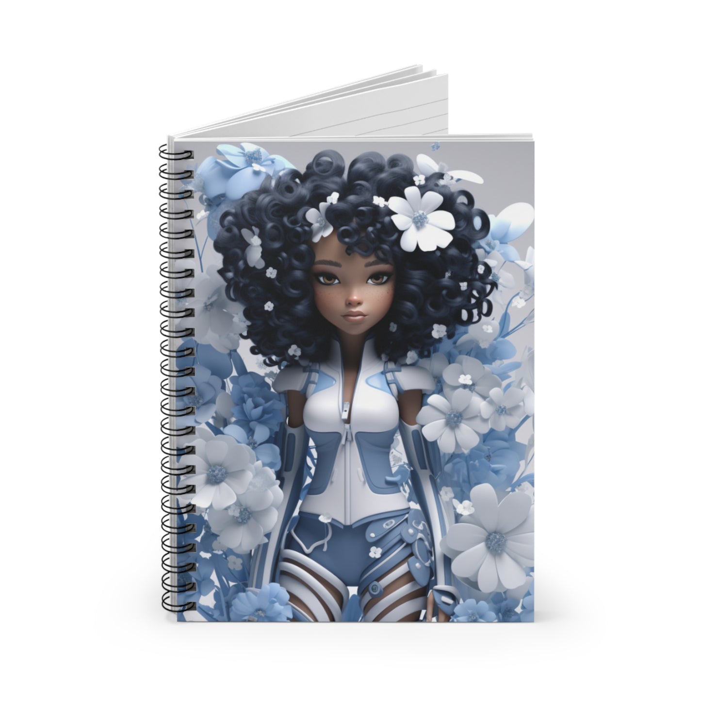 Black Fairy Girl With Blue Flowers Spiral Notebook (Ruled Line)