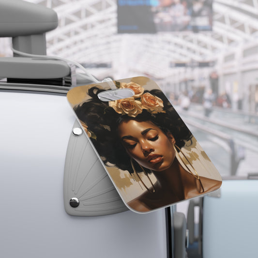 Beautiful Black Woman With Gold Flowers Luggage Tag - #4