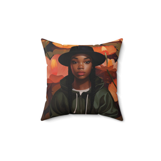 Lotus Black Woman Spun Polyester Square Pillow