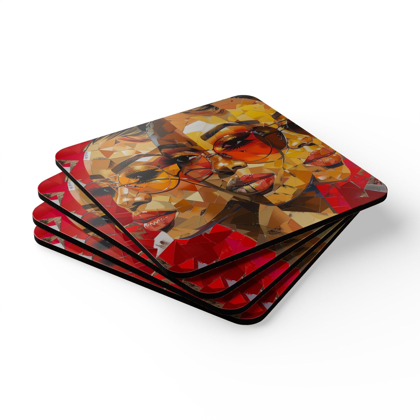 Red Mosaic Face Corkwood Coaster Set of 4