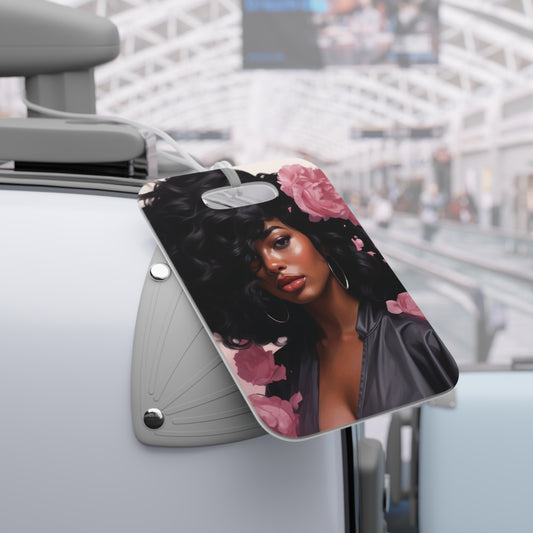 Beautiful Black Woman With Pink Flowers Luggage Tag - #2