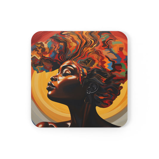 Colorful Black Woman Mane Corkwood Coaster Set of 4