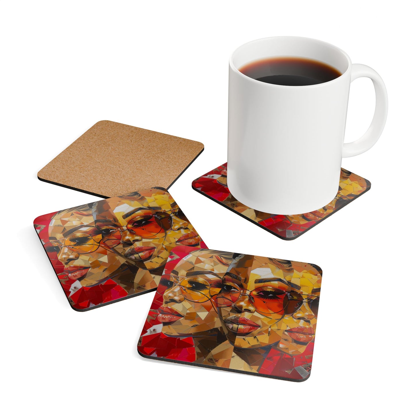 Red Mosaic Face Corkwood Coaster Set of 4