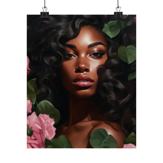 Pretty Black Woman With Pink Flowers Vertical Poster