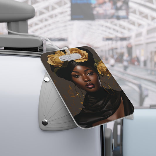 Beautiful Black Woman With Gold Flowers Luggage Tag - #2