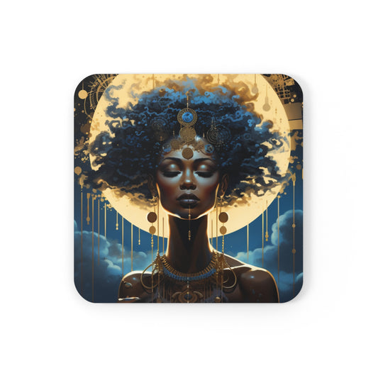 Blue Futurisic Black Woman Corkwood Coaster Set of 4