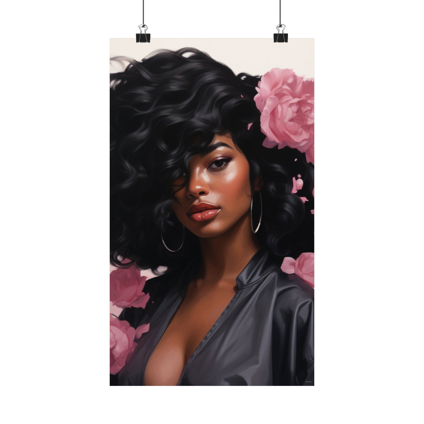 Beautiful Black Woman With Pink Flowers Vertical Poster - #2