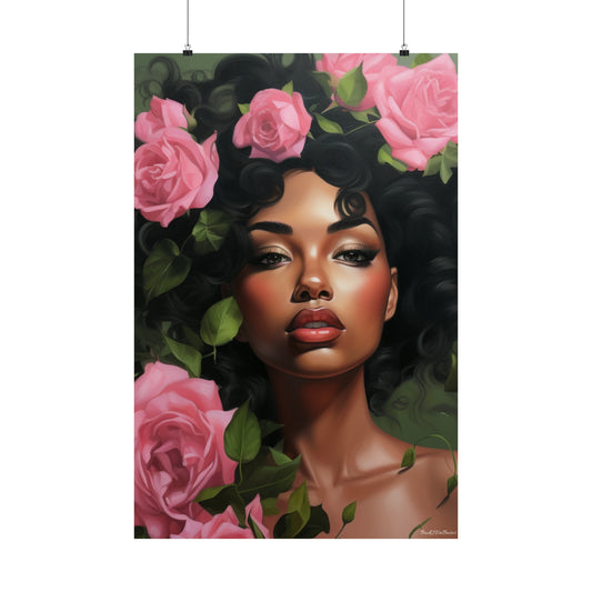 Pretty Black Woman With Pink Flowers Vertical Poster - #2